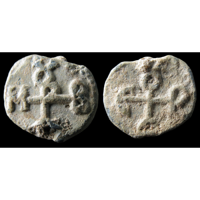 Abramios / Sergios. Sceau byzantin en plomb (Ø 12/14 mm, 2,73 g). VIᵉ–VIIᵉ siècle.
