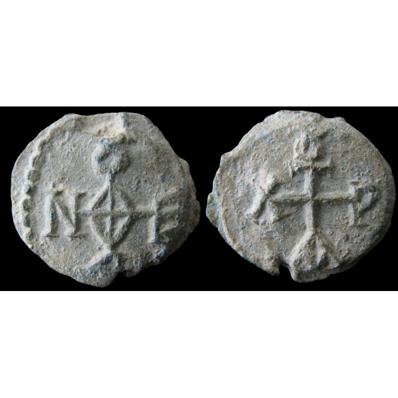 Théophane, chartulaire. Sceau byzantin en plomb (Ø 23 mm, 8,7 g). VIIᵉ siècle.