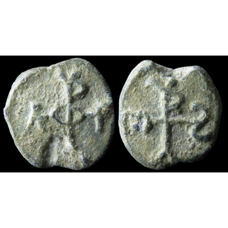 Philagrios et Mauros ou Marius (?). Sceau byzantin en plomb (Ø 13 mm, 3,18 g). VIᵉ siècle.