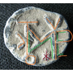 Constantin (?), apo éparchôn et commerciaire. Sceau byzantin en plomb (Ø 15 mm, 3,22 g). Vᵉ–VIᵉ siècle.