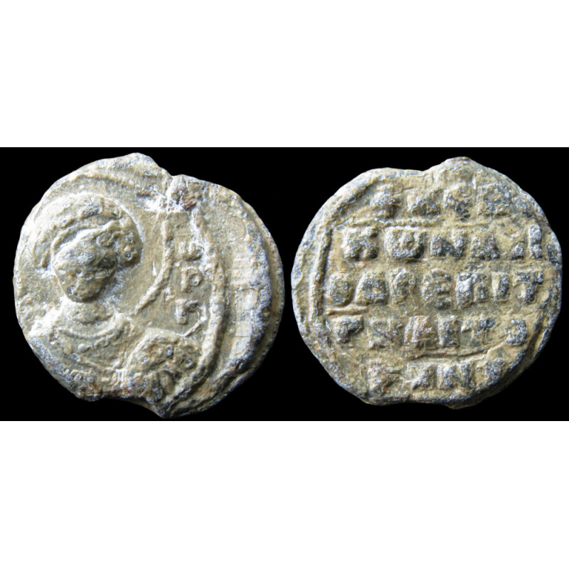 Constantin Sarantapodès, protospathaire épi tou Chrysotriklinou. Sceau byzantin en plomb (Ø 17,66 mm, 4,90 g). Xᵉ-XIᵉ siècle.