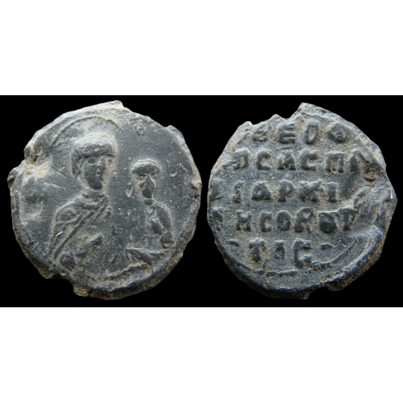 Théophile Bourtzès, protospathaire et archégète. Sceau byzantin en plomb (Ø 28,2 mm, 17,94 g).  XIᵉ siècle