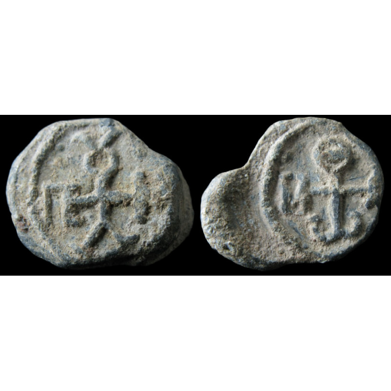 Elpidios et Thomas (?) Sceau byzantin en plomb (Ø 18 mm, 5,92 g). VIIᵉ siècle