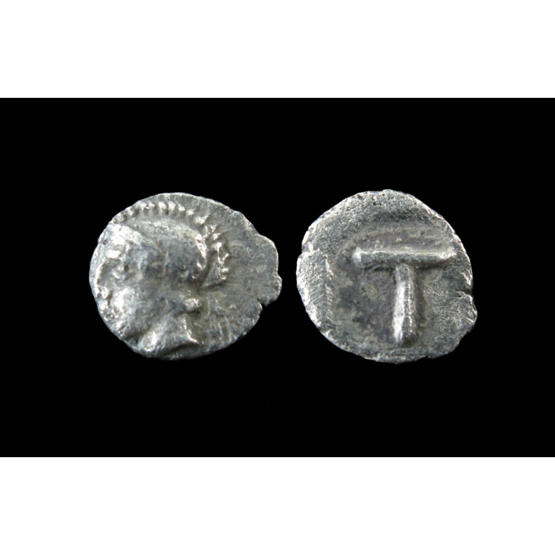 Tégée (Arcadie) – Tétartèmorion en argent – Tête d'Athéna / Grand T – ca 423–400 av. J.-C.