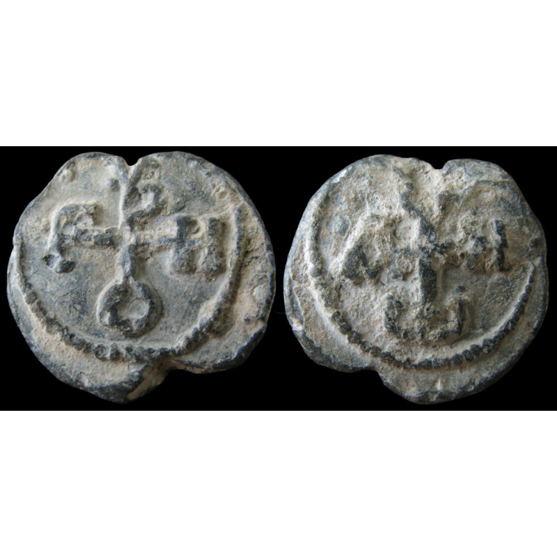 Grégoire & Jean. Sceau byzantin en plomb (Ø 22 mm, 6,67 g). VIᵉ–VIIᵉ siècle.