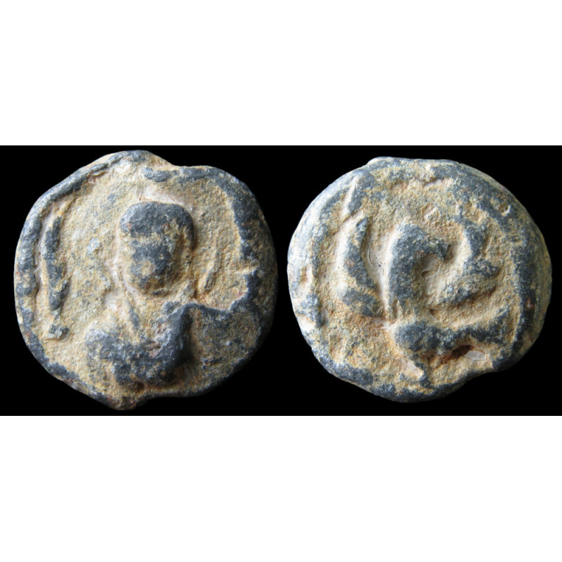Sceau iconographique. Sceau byzantin en plomb (Ø 17 mm, 7,64 g). VIᵉ-VIIIᵉ siècle.