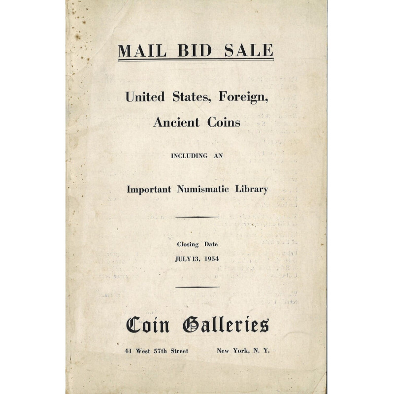 Coin Galleries – Première vente sur offres, 13 juillet 1954 : monnaies antiques, juives et bibliothèque numismatique